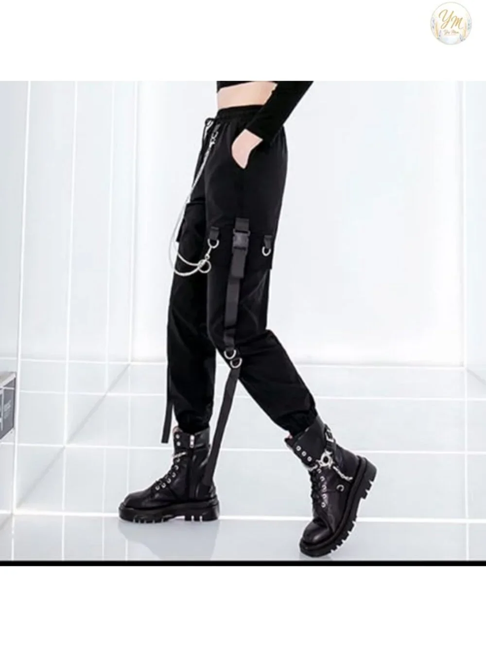 Techwear Cargo Pants with Chain Gothic High Waist Wide Leg Street Style